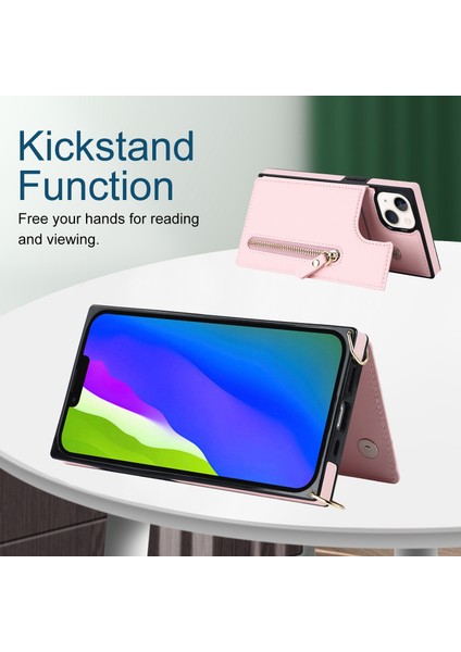 iPhone 14 Için Plus Fermuar Cep Kickstand Tasarım Koruyucu Kapak Çift Manyetik Düğmeler Pu Deri Kaplamalı Tpu Telefon Kılıfı Omuz Kayışı Pembe (Yurt Dışından)