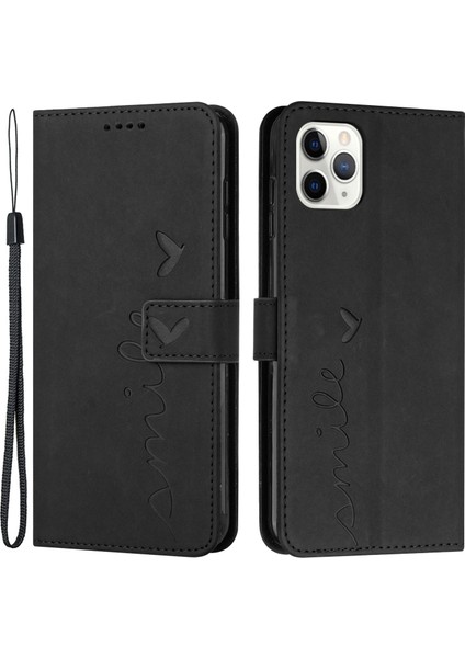 iPhone 14 Pro Max Için 6.7 Inç Cilt Dokunuşu Pu Deri Kasa Standı Cüzdan Kalp Şekli Strap-Black ile Basklı Telefon Kapağı (Yurt Dışından)