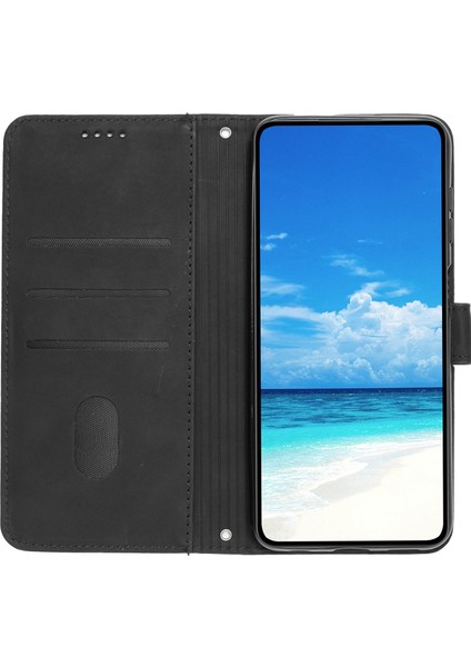 iPhone 14 Pro Max Için 6.7 Inç Cilt Dokunuşu Pu Deri Kasa Standı Cüzdan Kalp Şekli Strap-Black ile Basklı Telefon Kapağı (Yurt Dışından)