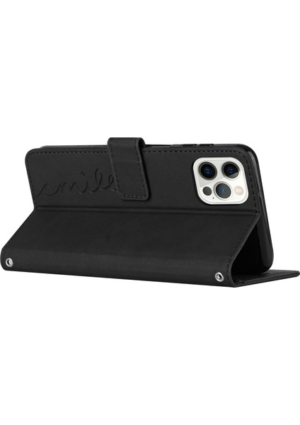 iPhone 14 Pro Max Için 6.7 Inç Cilt Dokunuşu Pu Deri Kasa Standı Cüzdan Kalp Şekli Strap-Black ile Basklı Telefon Kapağı (Yurt Dışından)