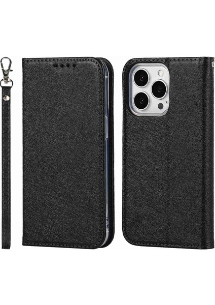 iPhone 14 Pro Max Için 6.7 Inç Aşınmaya Dayanıklı Pu Deri Ipek Doku Cüzdan Cüzdanı Telefon Kasası Standı Koruyucusu Bilek Kayış-Siyah (Yurt Dışından)