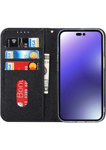 iPhone 14 Pro Max Için 6.7 Inç Aşınmaya Dayanıklı Pu Deri Ipek Doku Cüzdan Cüzdanı Telefon Kasası Standı Koruyucusu Bilek Kayış-Siyah (Yurt Dışından)