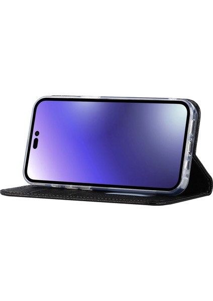 iPhone 14 Pro Max Için 6.7 Inç Aşınmaya Dayanıklı Pu Deri Ipek Doku Cüzdan Cüzdanı Telefon Kasası Standı Koruyucusu Bilek Kayış-Siyah (Yurt Dışından)