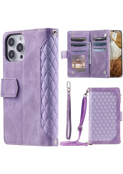 iPhone 14 Pro Max Için 6.7 Inç Damla Geçirmez Telefon Flip Cüzdan Kılıfı Pu Deri Deri Eşdendis Dokusu Fermuar Cep Anti-Çizgi Cep Telefonu Kapağı Strap-Murple ile (Yurt Dışından)