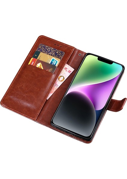 iPhone 14 Için Plus Crazy Horse Dokulu Telefon Kılıf Anti-Drop Telefon Kabuğu Pu Deri Manyetik Kapanma Flip Cüzdan Kapak Stand-White (Yurt Dışından)