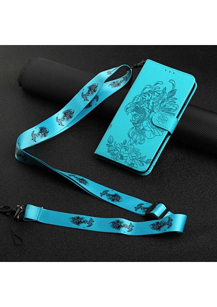 iPhone 14 Için Plus Tiger Deseni Pu Deri Deri Tam Koruma Telefon Kılıfı Stand Cüzdan Kapağı Strap-Baby Mavi (Yurt Dışından)