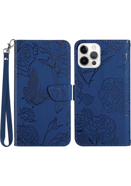 Kelebek Çiçekleri iPhone 14 Pro Maks Max 6.7 Inç Stand Cüzdan Anti-Drop Koruma Telefon Kapağı Kullanışlı Kayış Mavisi ile (Yurt Dışından)
