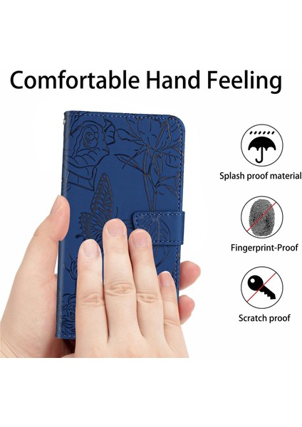 Kelebek Çiçekleri iPhone 14 Pro Maks Max 6.7 Inç Stand Cüzdan Anti-Drop Koruma Telefon Kapağı Kullanışlı Kayış Mavisi ile (Yurt Dışından)