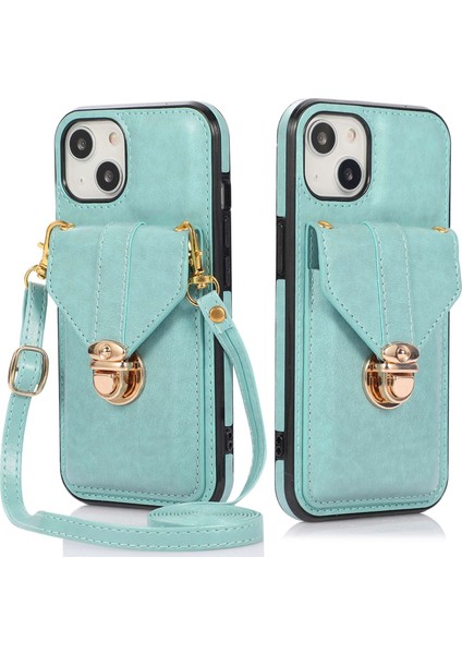 iPhone 14 Için Plus Toz Geçirmez Pu Deri+Tpu Anti-Çizgiye Dönem Telefon Kapağı Kickstand Telefon Kasası Omuz Askılı Yeşili (Yurt Dışından)