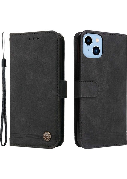 iPhone 14 Için Plus Tree Desen Donanım Dekoru Pu Deri Telefon Stand Cüzdan Vaka Çizgileri Strap-Black ile Şok Geçirmez Kapak (Yurt Dışından)