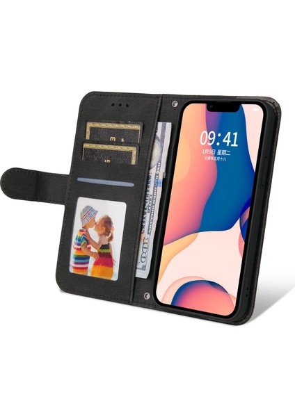 iPhone 14 Için Plus Tree Desen Donanım Dekoru Pu Deri Telefon Stand Cüzdan Vaka Çizgileri Strap-Black ile Şok Geçirmez Kapak (Yurt Dışından)