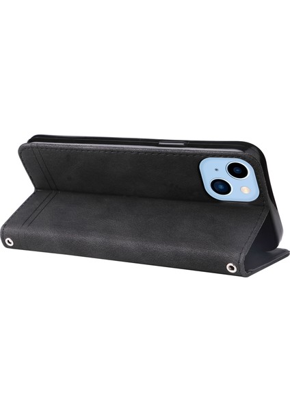 iPhone 14 Için Plus Tree Desen Donanım Dekoru Pu Deri Telefon Stand Cüzdan Vaka Çizgileri Strap-Black ile Şok Geçirmez Kapak (Yurt Dışından)