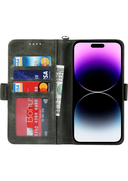 iPhone 14 Pro Max Anti-Cratch Telefon Kasası Retro Cüzdan Standı Manyetik Toka Damla Geçirmez Flip Deri Telefon Kapağı Kayış Yeşili ile (Yurt Dışından) fiyatları