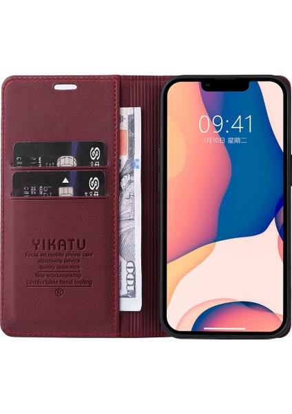 iPhone 14 Için Telefon Kapağı Artı Çizik Anti-Clatch Telefon Kasası Manyetik Otomatik Emici Pu Deri Flip Cüzdan Standı-Wine Kırmızı (Yurt Dışından) indirimleri