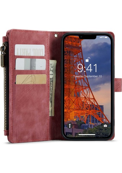 iPhone 14 Için Artı Fermuarlı Cep Cüzdanı Standı Telefon Kapağı Pu Deri Çoklu Kart Yuvaları Elle Kayış Kırmızısı (Yurt Dışından) modelleri