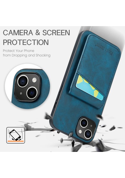 iPhone 14 Plus Kart Yuvaları Için Kickstand Telefon Kılıfı Rfıd Pu Deri Blokulma+Tpu Arka Kapak Mavisi (Yurt Dışından)