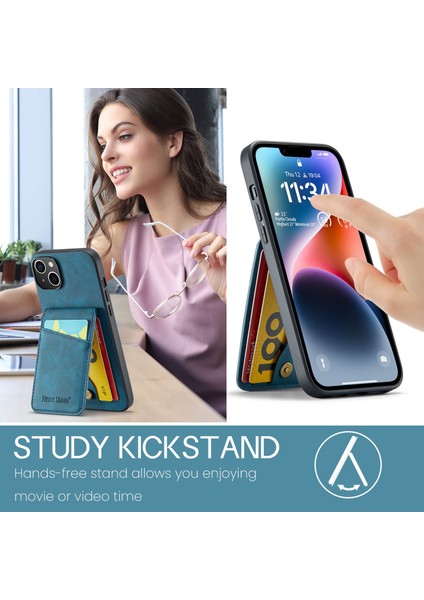 iPhone 14 Plus Kart Yuvaları Için Kickstand Telefon Kılıfı Rfıd Pu Deri Blokulma+Tpu Arka Kapak Mavisi (Yurt Dışından)