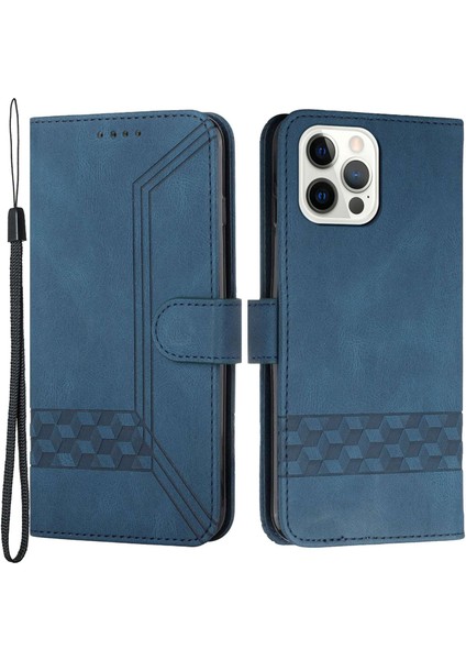iPhone 14 Pro Max Için Max 6.7 Inç YX0010 Cilt Touch Rhombus Hatları Baskılı Telefon Kılıfı Pu Deri Stand Cüzdan Kapak-Dark Mavi (Yurt Dışından)