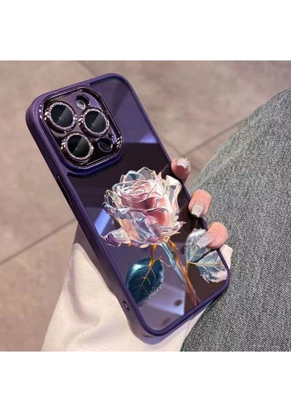 iPhone 14 Pro Max Gül Çiçek Deseni Glitter Kamera Yüzüğü Telefon Kılıfı Tpu Lens Film-Pink ile Kapak (Yurt Dışından)
