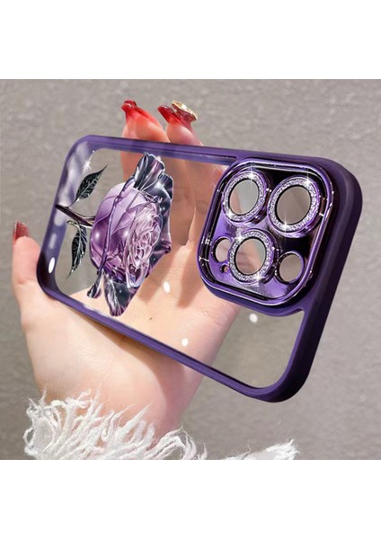 iPhone 14 Pro Max Gül Çiçek Deseni Glitter Kamera Yüzüğü Telefon Kılıfı Tpu Lens Film-Pink ile Kapak (Yurt Dışından) modelleri