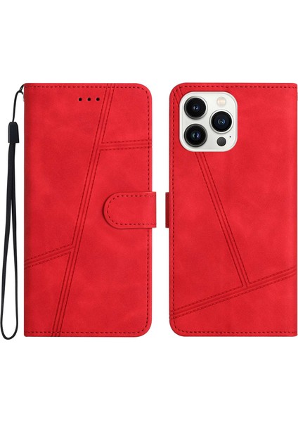 iPhone 14 Pro Max Cilt Touch Duygu Çizgileri Dekor Retro Pu Deri Stand Telefon Kapağı Çizelge Karşıtı Cüzdan-Kırmızı (Yurt Dışından)