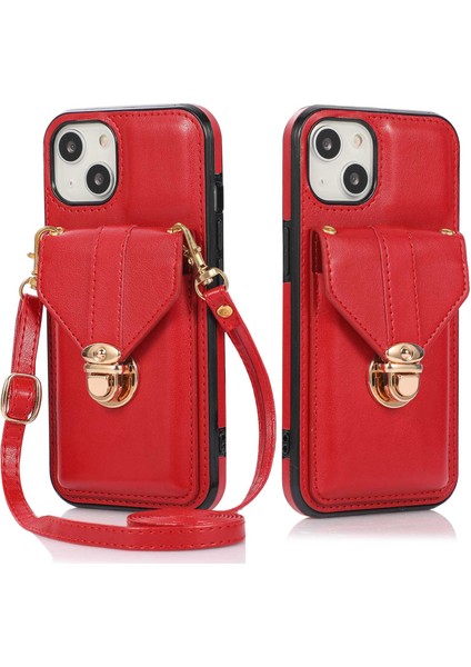 iPhone 14 Için Plus Toz Geçirmez Pu Deri+Tpu Anti-Çizgiye Dönem Telefon Kapağı Kickstand Telefon Kasası Omuz Askılı Kırmızısı (Yurt Dışından)