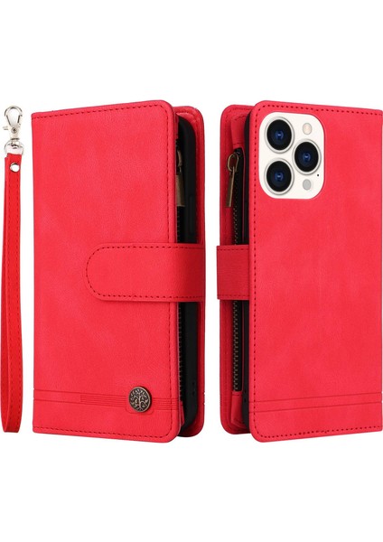 iPhone 14 Pro Max Için Max 6.7 Inç Ağaç Desen Donanım Şeritleri Baskılı Cilt Touch Cüzdan Stand Deri Kapak Fermuarı Cep Koruyucu Kılıf Kırmızısı (Yurt Dışından)