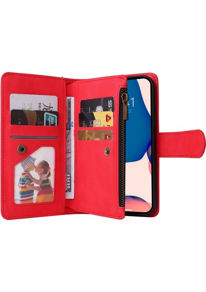 iPhone 14 Pro Max Için Max 6.7 Inç Ağaç Desen Donanım Şeritleri Baskılı Cilt Touch Cüzdan Stand Deri Kapak Fermuarı Cep Koruyucu Kılıf Kırmızısı (Yurt Dışından) modelleri