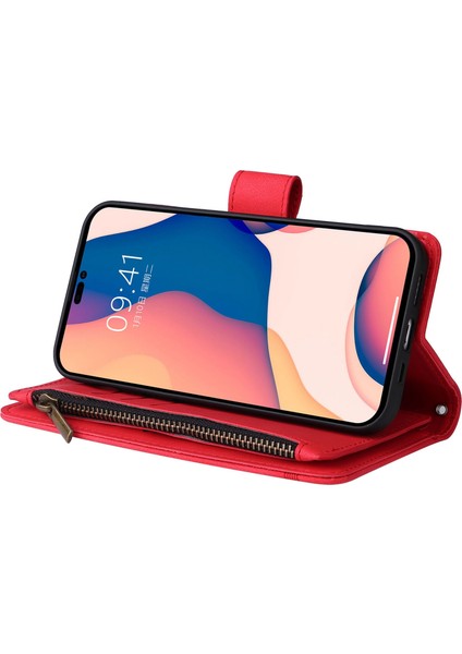 iPhone 14 Pro Max Için Max 6.7 Inç Ağaç Desen Donanım Şeritleri Baskılı Cilt Touch Cüzdan Stand Deri Kapak Fermuarı Cep Koruyucu Kılıf Kırmızısı (Yurt Dışından) fırsatları