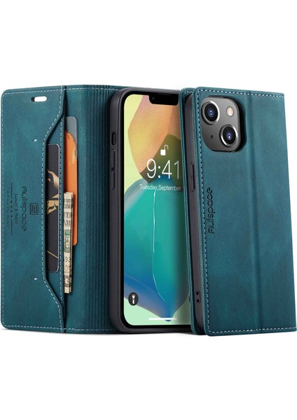 iPhone 14 Için Retro Mat Mat Telefon Damla Geçirmez Kılıf Pu Deri+Tpu Rfıd Engelleme Standı Cüzdan Koruyucu Kapak Mavisi (Yurt Dışından)