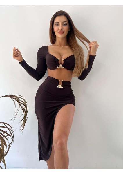 Kahverengi Sandy Kumaş Tokalı Uzun Kollu İkili Takım