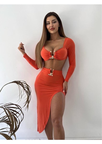Turuncu Sandy Kumaş Tokalı Uzun Kollu İkili Takım