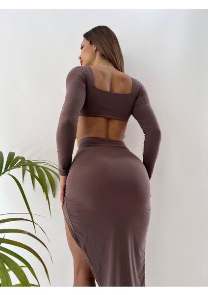 Koyu Kahve Sandy Kumaş Tokalı Uzun Kollu İkili Takım fiyatları