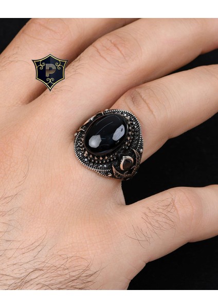 Gümüş Oniks Taşlı 925 Ayar Gümüş Erkek Yüzük fırsatları