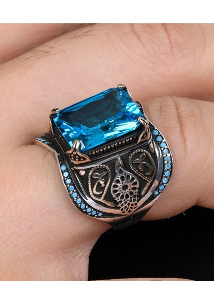 Gümüş Aquamarine Taşlı Turkuaz Taş Süslemeli 925 Ayar Gümüş Erkek Yüzüğü
