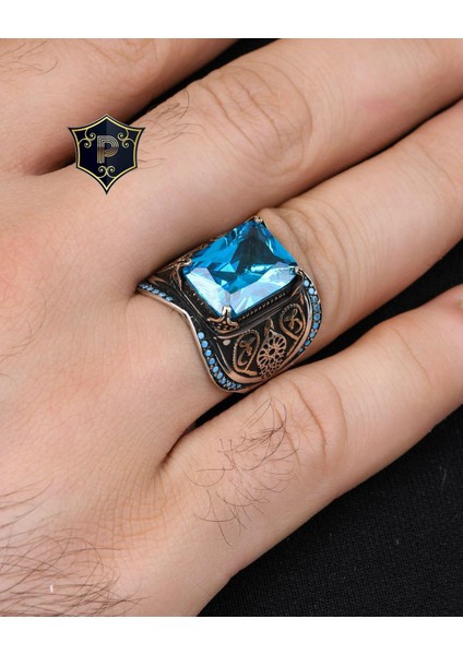 Gümüş Aquamarine Taşlı Turkuaz Taş Süslemeli 925 Ayar Gümüş Erkek Yüzüğü fiyatları