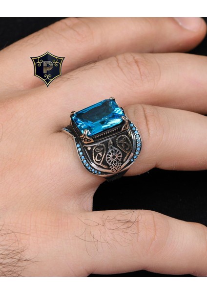 Gümüş Aquamarine Taşlı Turkuaz Taş Süslemeli 925 Ayar Gümüş Erkek Yüzüğü modelleri