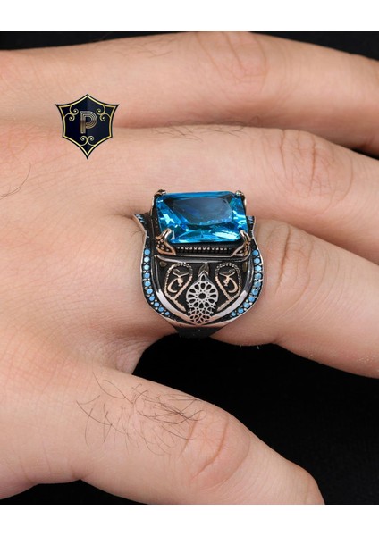 Gümüş Aquamarine Taşlı Turkuaz Taş Süslemeli 925 Ayar Gümüş Erkek Yüzüğü fırsatları