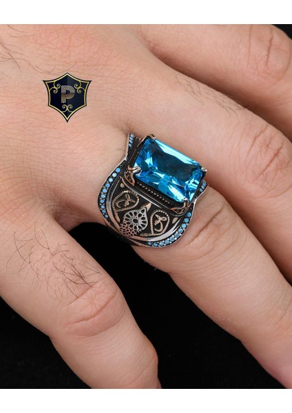 Gümüş Aquamarine Taşlı Turkuaz Taş Süslemeli 925 Ayar Gümüş Erkek Yüzüğü indirimleri