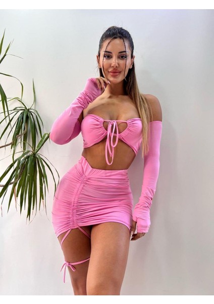 Pembe Askısız Yüksek Bel Mini Etekli İkili Takım