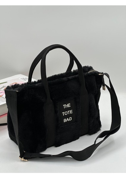 The Tote Bag Peluş Askılı Kadın Siyah El ve Omuz Çantası