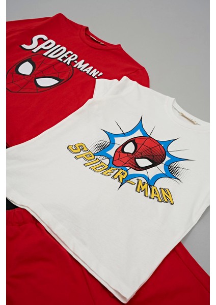 4'lü Spider-Man Baskılı Tshirt Şort Pantolon Kırmızı Takım
