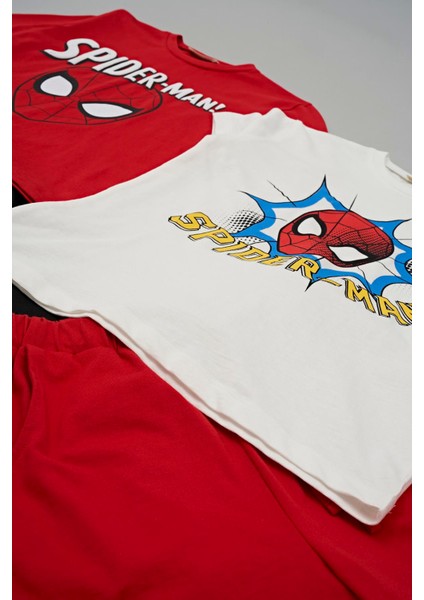 4'lü Spider-Man Baskılı Tshirt Şort Pantolon Kırmızı Takım