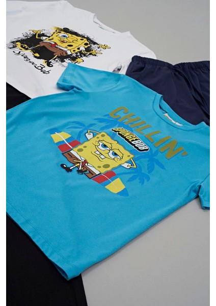 4'lü Sünger Bob Baskı Lacivert Tshirt Şort Pantolon Takım