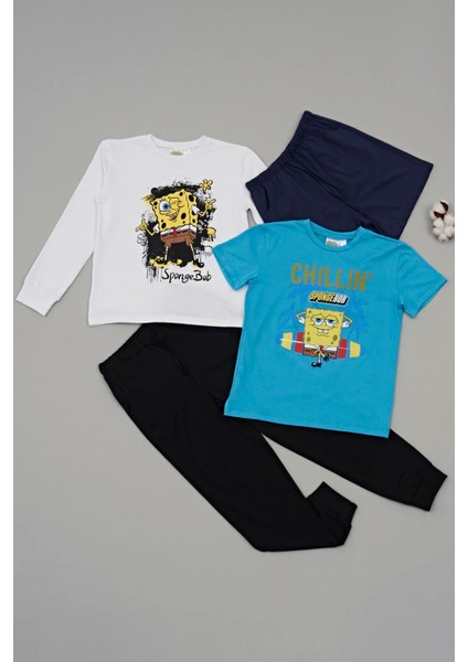 4'lü Sünger Bob Baskı Lacivert Tshirt Şort Pantolon Takım