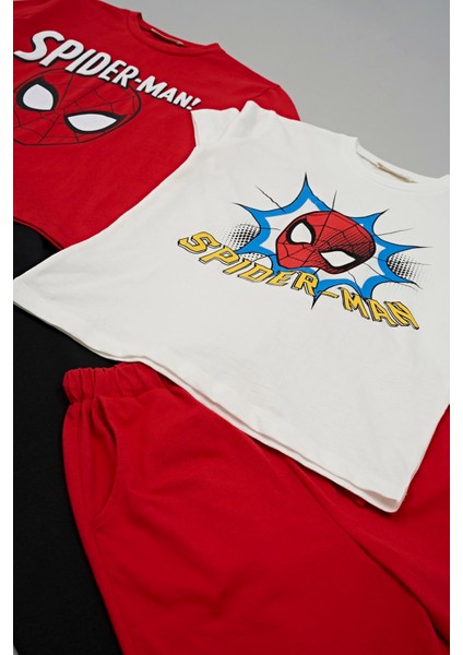 For You Kids 4'lü Spider-Man Baskılı Tshirt Şort Pantolon Kırmızı Takım