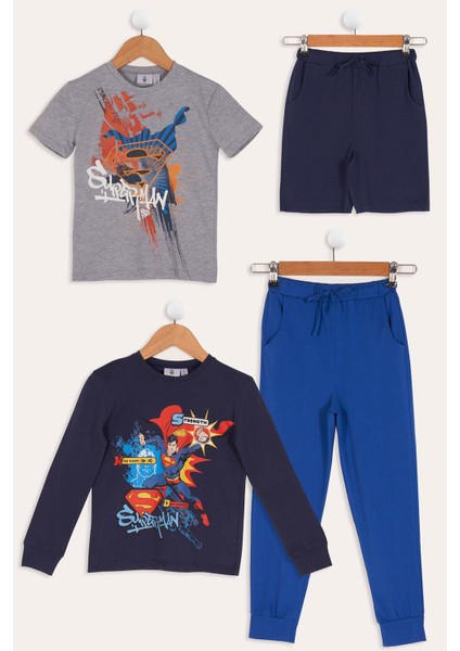 4'lü Süper Man Baskılı Lacivert Tshirt Şort Pantolon Takım