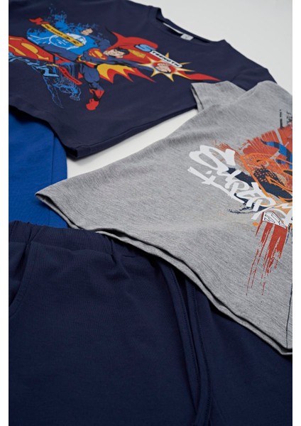 4'lü Süper Man Baskılı Lacivert Tshirt Şort Pantolon Takım