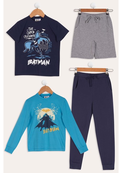 For You Kids 4'lü Batman Baskılı Lacivert Tshirt Şort Pantolon Takım