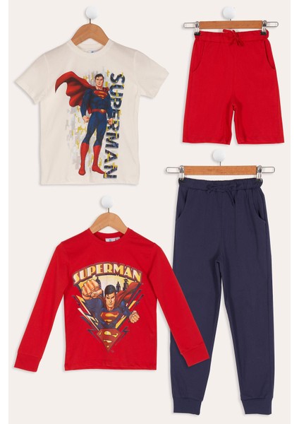 4'lü Süpermen Baskılı Tshirt Şort Pantolon Takım